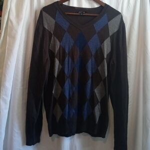 Apt. 9 Merino Wool Men’s V-Neck Argyle Sweater Charcoal Blue Gray Brown Casual